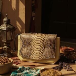 CalaJade Lago Couture Diana Python Skin Flap Suede Body Clutch Purse
